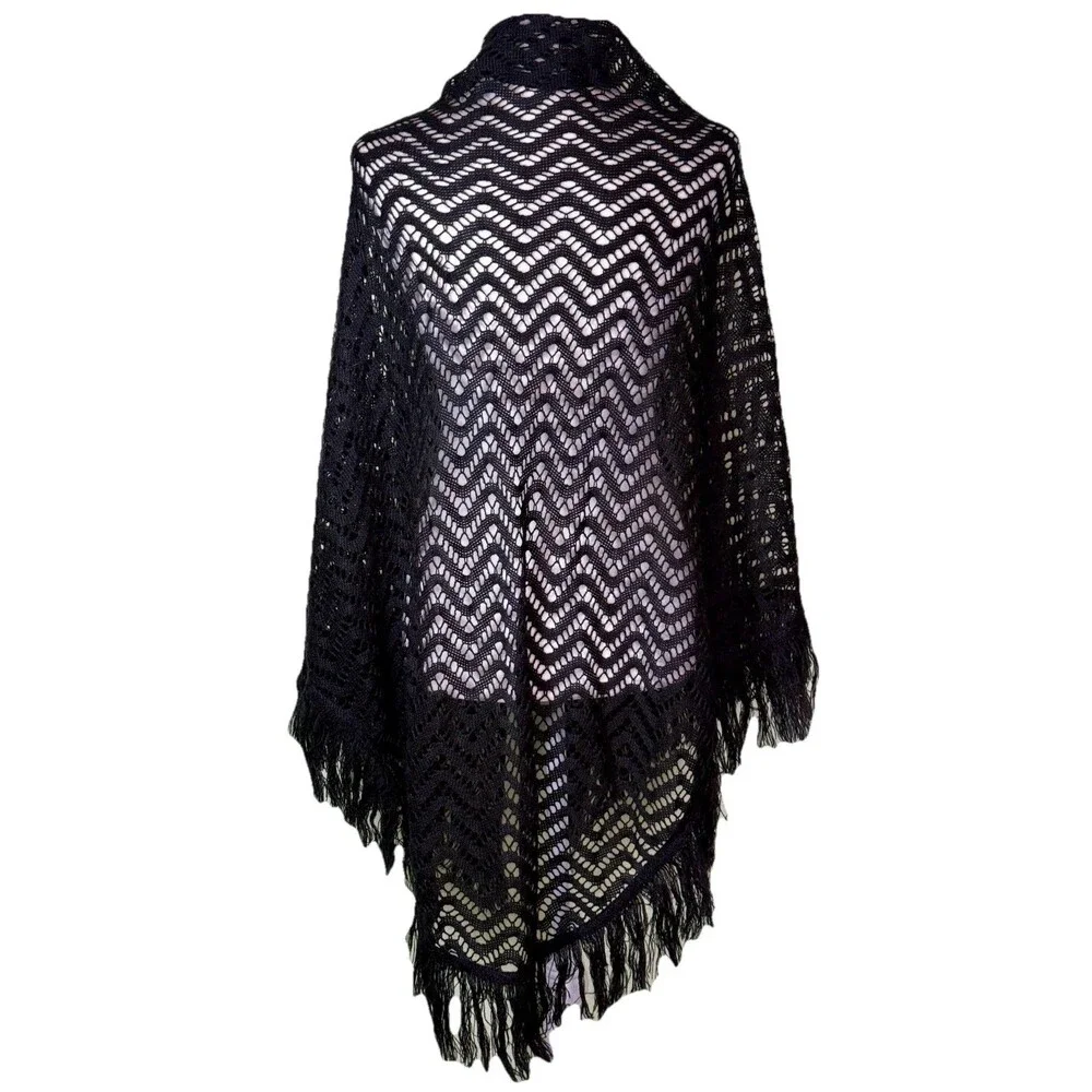 Women Black Crochet Fringe Openwork‎ Shawl Whimsigoth Witchy Size 43” X 78”